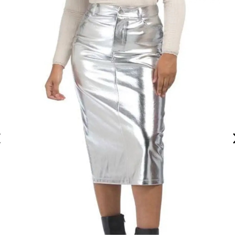 7 For All Mankind Silver Metallic Midi Pencil Skirt